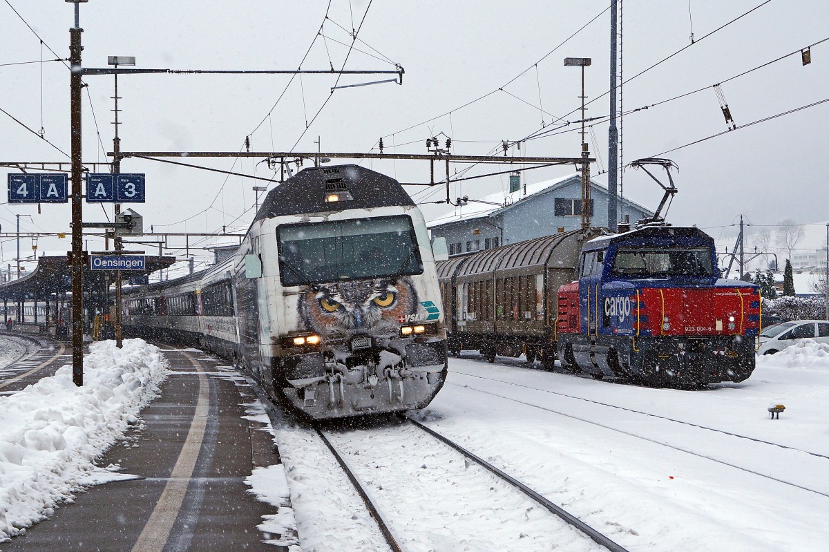 SBB: Winterstimmung vom 30. Dezember 2014 für Allwetterfotografen. IR Biel-Konstanz mit der Re 460 105-0 bei dem Zwischenhalt Oensingen.
Foto: Walter Ruetsch