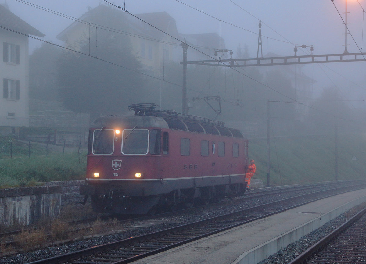 SBB/CJ: Bei der CJ sind die ersten Güterzüge bereits am frühen Morgen unterwegs. Bei nebligem Herbstwetter, wie am 29. September 2016, kann dadurch das Fotografieren recht unangenehm werden. Morgenstimmung bei einer Rangierfahrt mit der Re 6/6 11623  Rupperswil  in Tavannes.
Foto: Walter Ruetsch