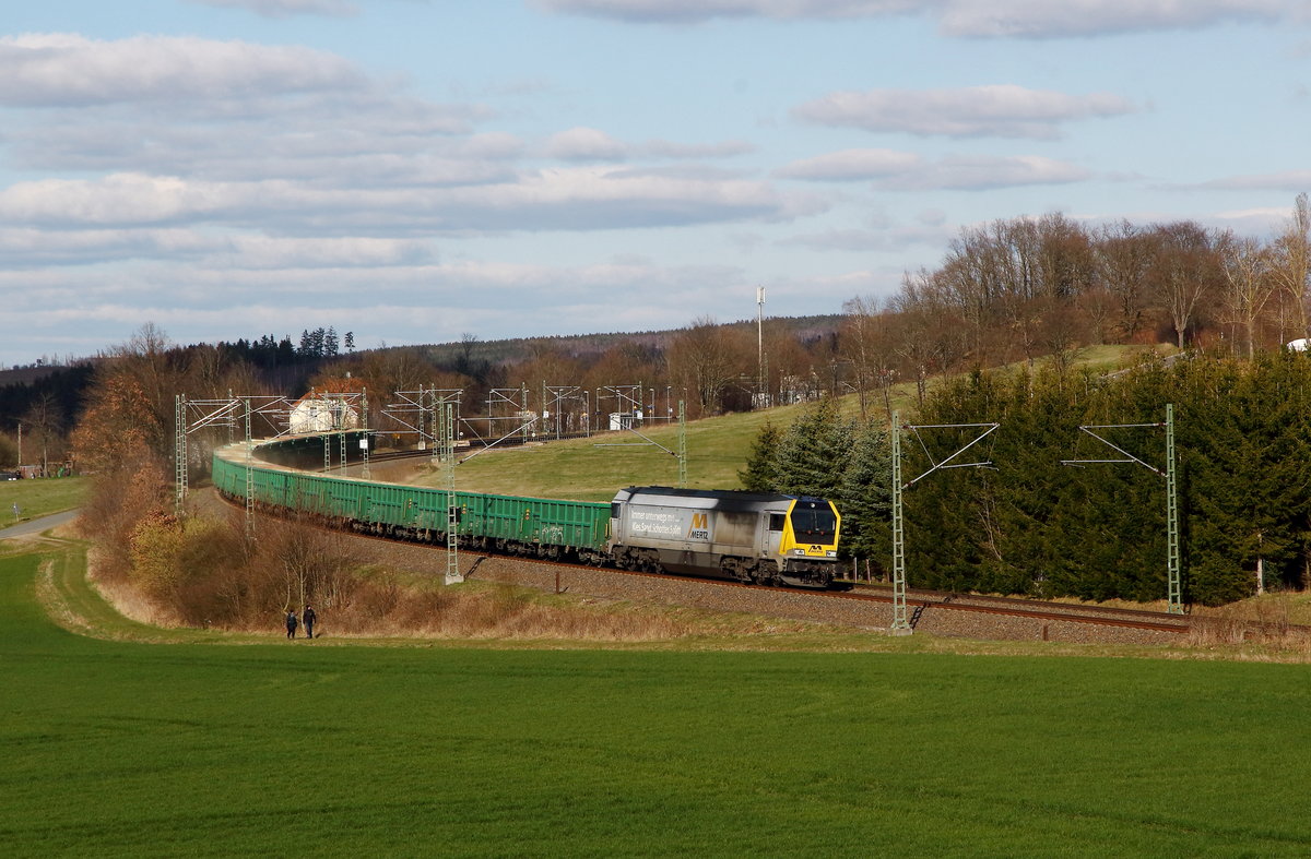 SBW Sandzug von Kayna nach Stuttgart Hafen mit Mertz 264 013 am DGE 69053 in Ruppertsgrün/Pöhl aufgenommen am 22.03.2020
