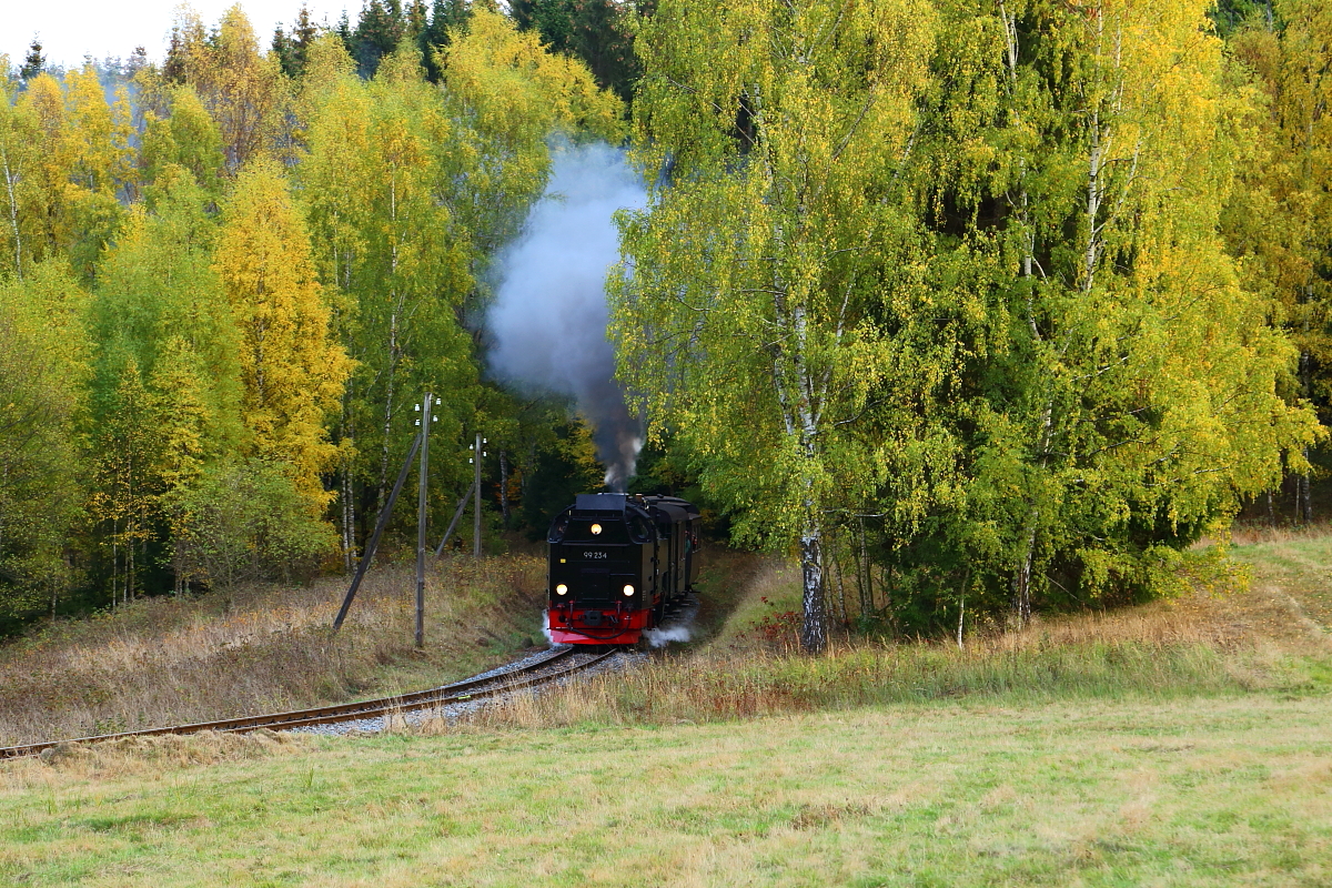 Scheinanfahrt von 99 234 mit IG HSB-Sonderzug am Abend des 20.10.2018 zwischen Mägdesprung und Sternhaus-Ramberg. (Bild 1)