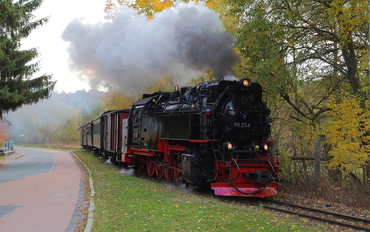 Scheinanfahrt von 99 234 mit IG HSB-Sonder-PmG am 21.10.2018 kurz vor dem Haltepunkt Straßberg. (Bild 2)