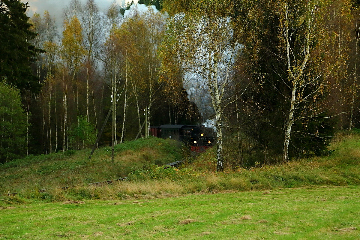 Scheinanfahrt von 99 5906 mit IG HSB-Sonderzug zwischen Mägdesprung und Sternhaus-Ramberg (Kilometer 8,4) am 17.10.2014. (Bild 1)