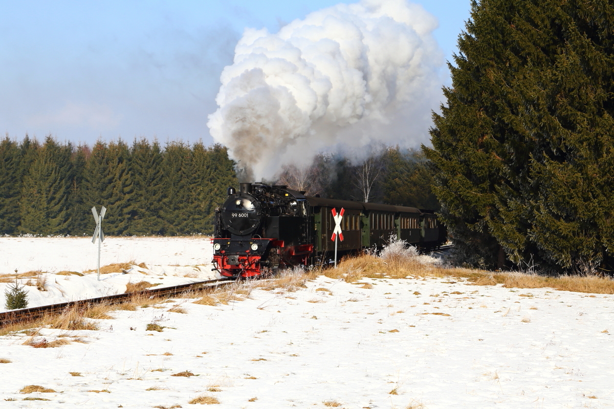 Scheinanfahrt von 99 6001 mit IG HSB-Sonderzug am Mittag des 15.02.2015 kurz hinter Stiege (Strecke Stiege-Eisfelder Talmühle). Bild 1