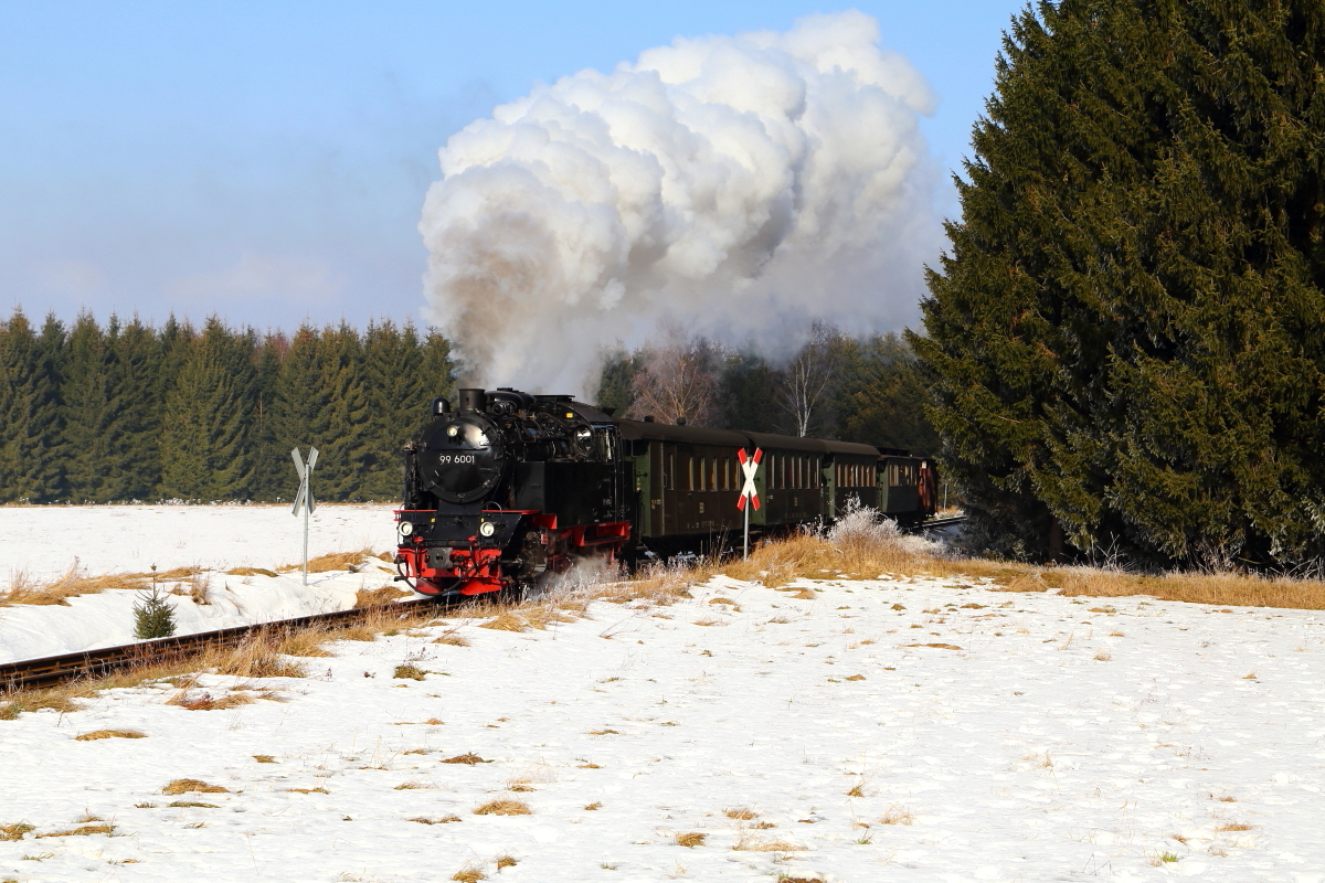 Scheinanfahrt von 99 6001 mit IG HSB-Sonderzug am Mittag des 15.02.2015 kurz hinter Stiege (Strecke Stiege-Eisfelder Talmühle). Bild 2