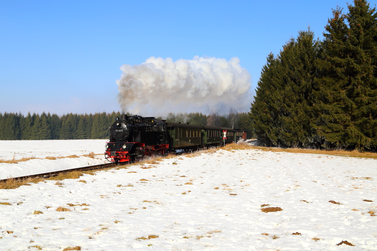 Scheinanfahrt von 99 6001 mit IG HSB-Sonderzug am Mittag des 15.02.2015 kurz hinter Stiege (Strecke Stiege-Eisfelder Talmühle). Bild 3