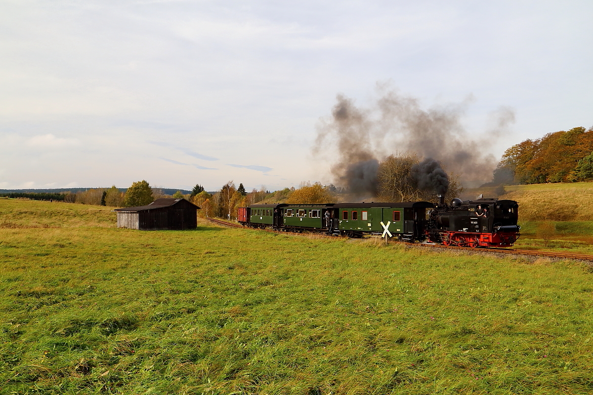Scheinanfahrt von 99 6101 mit IG HSB-Sonderzug auf der Strecke Stiege-Quedlinburg am 18.10.2014, kurz hinter Stiege (Km 34,2) Bild 2