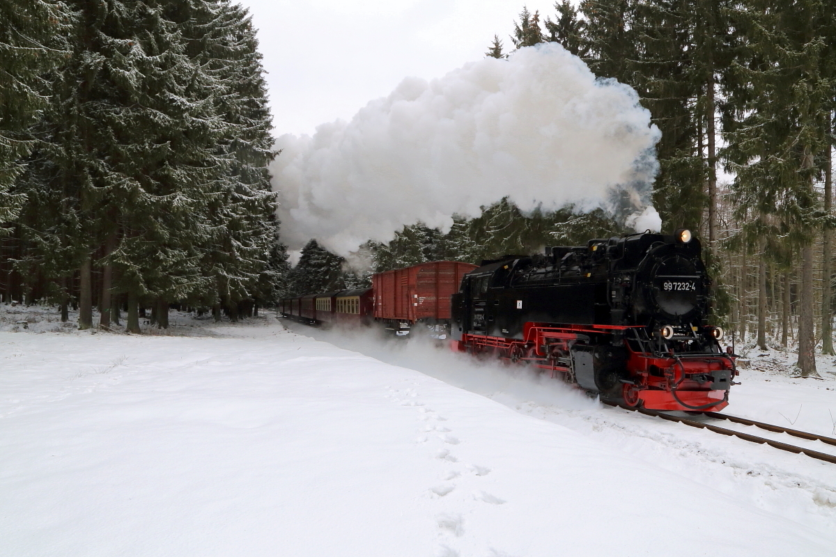 Scheinanfahrt von 99 7232 mit IG HSB-Sonder-PmG (Wernigerode-Hasselfelde) am Vormittag des 25.02.2017 zwischen Elend und Sorge, kurz vor dem Bahnübergang Wietfelder Straße. (Bild 3) Und schon rauscht der Zug an der Fotografenlinie vorbei!