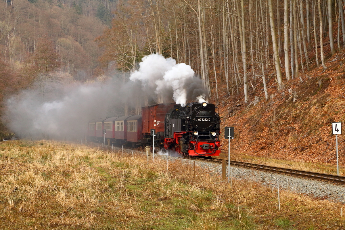 Scheinanfahrt von 99 7232 mit IG HSB-Sonder-PmG am Mittag des 25.02.2017 kurz vor dem Haltepunkt Netzkater. (Bild 1)