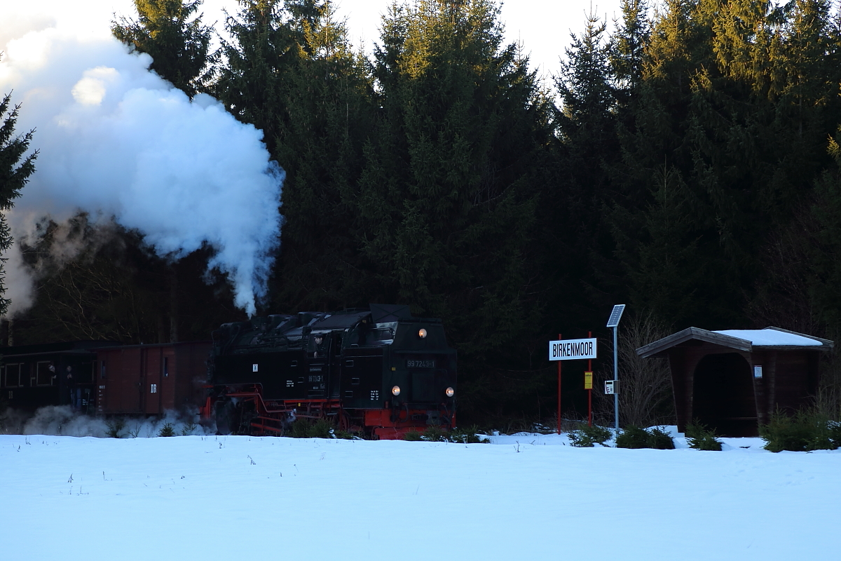 Scheinanfahrt von 99 7243 mit IG HSB-Sonderzug am späten Nachmittag des 13.02.2015 am Haltepunkt Birkenmoor auf der Strecke Eisfelder Talmühle - Stiege. (Bild 1)