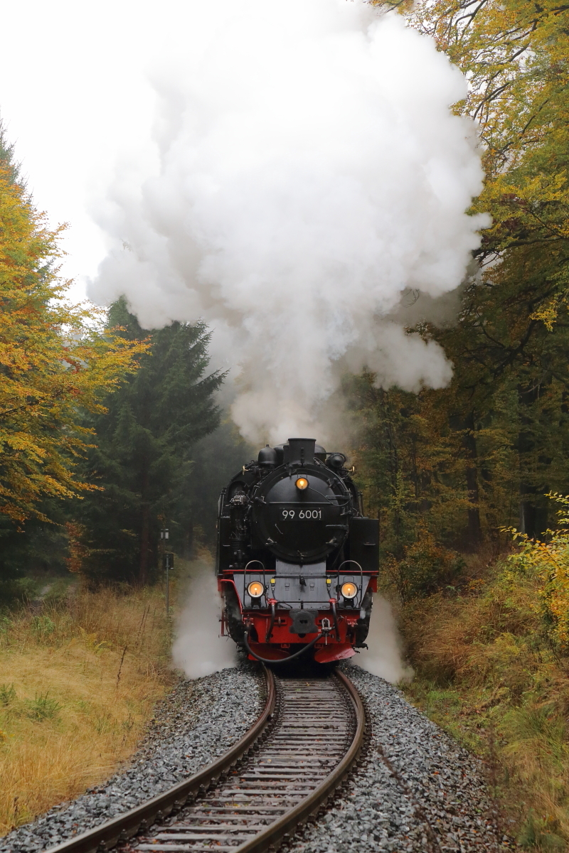 Scheinanfahrt Nr.2 von 99 6001 mit IG HSB-Sonderzug am 22.10.2016 kurz vor dem Haltepunkt Birkenmoor. (Bild 1)