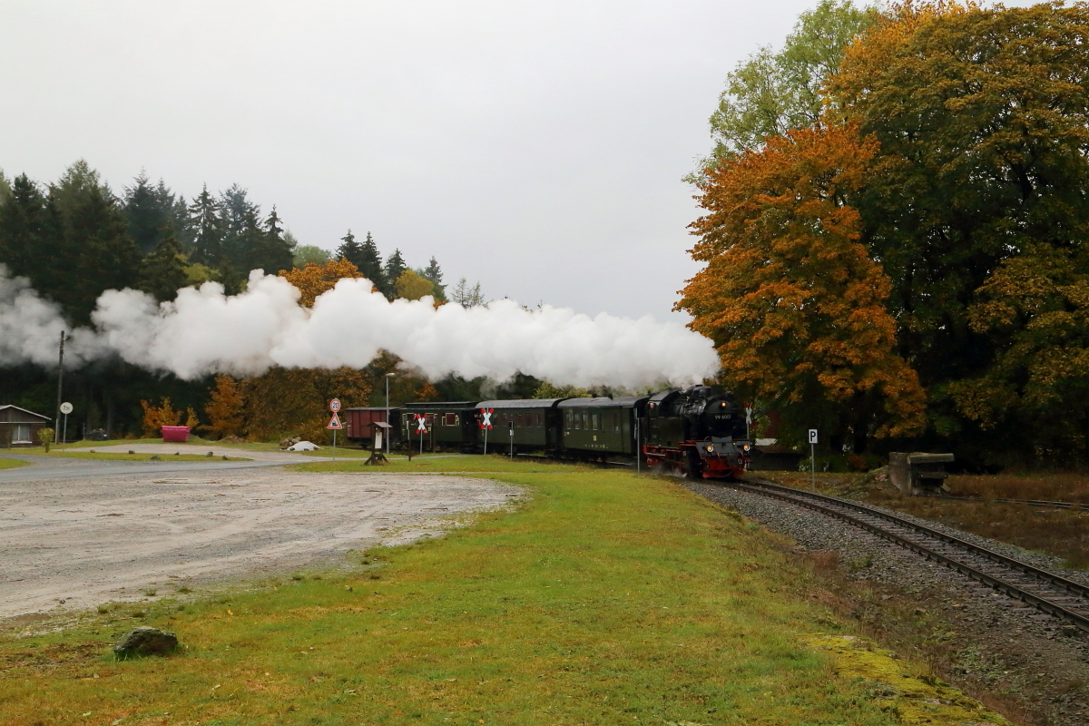 Scheineinfahrt von 99 6001 mit IG HSB-Sonderzug am 22.10.2016 in den Bahnhof Elend. (Bild 1)