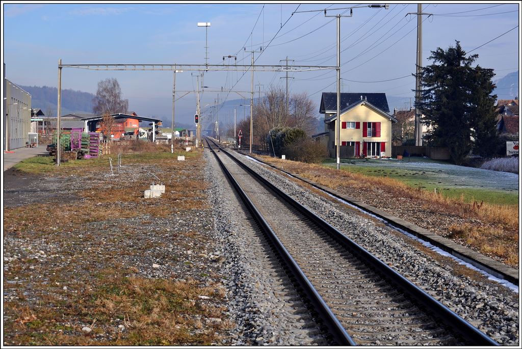 Schlanke Infrastruktur am Bahnhof Rüthi SG. Die Betonfundamente für eine schlanke Fahrleitung sind auch schon gesetzt, womit die Querträger über die ehemals vier Geleise verschwinden werden. (18.12.2013)
