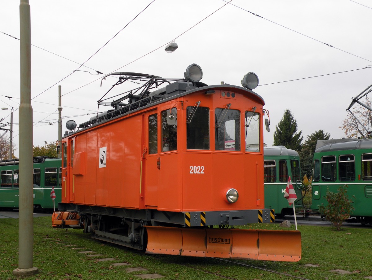 Schneepflug mit der Betriebsnummer 2022 im Abstellgleis an der Birsfelder Hard. Die Aufnahme stammt vom 13.11.2013.