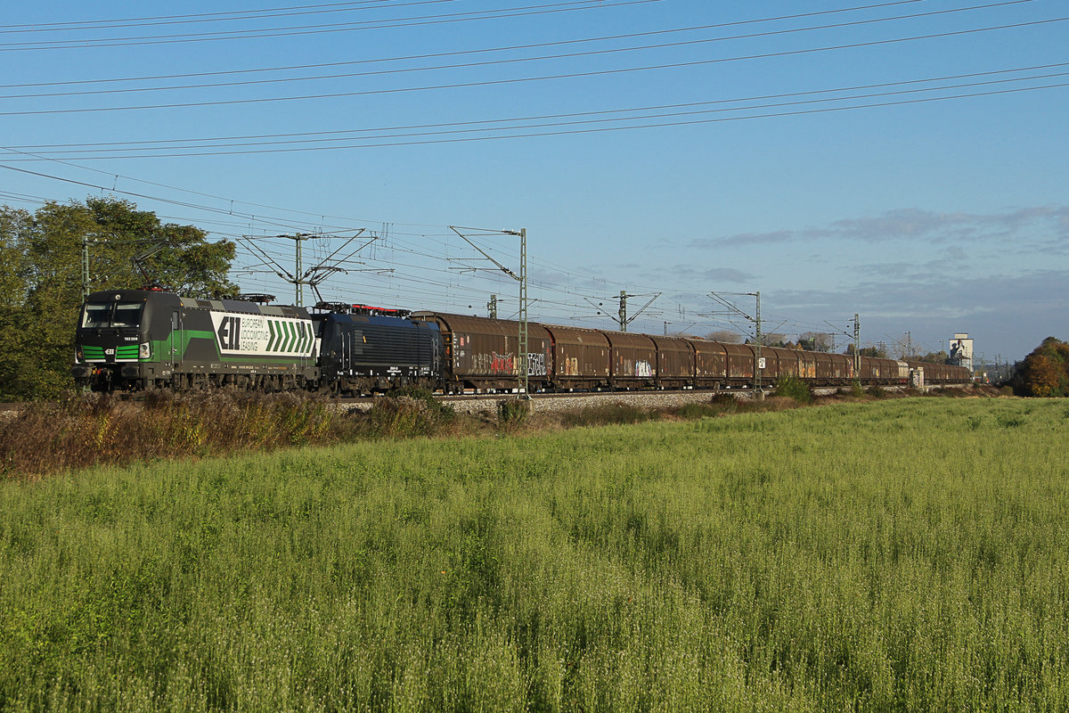 Schon wieder doppelt bestückter Zug aus Österreich. European Lokomotive Leasing auf der Strecke Rosenheim München bei Zorneding am 30.10.16.