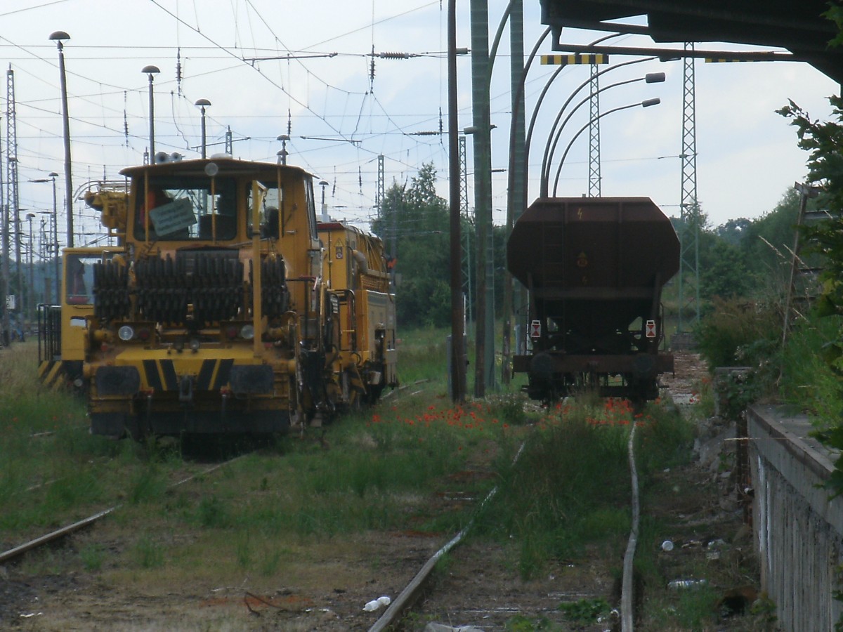 Schotterpflug,Gleisstopfmaschine und ein Schotterwagen(Fcs),am 27.Juni 2013,abgestellt in Bergen/Rgen.