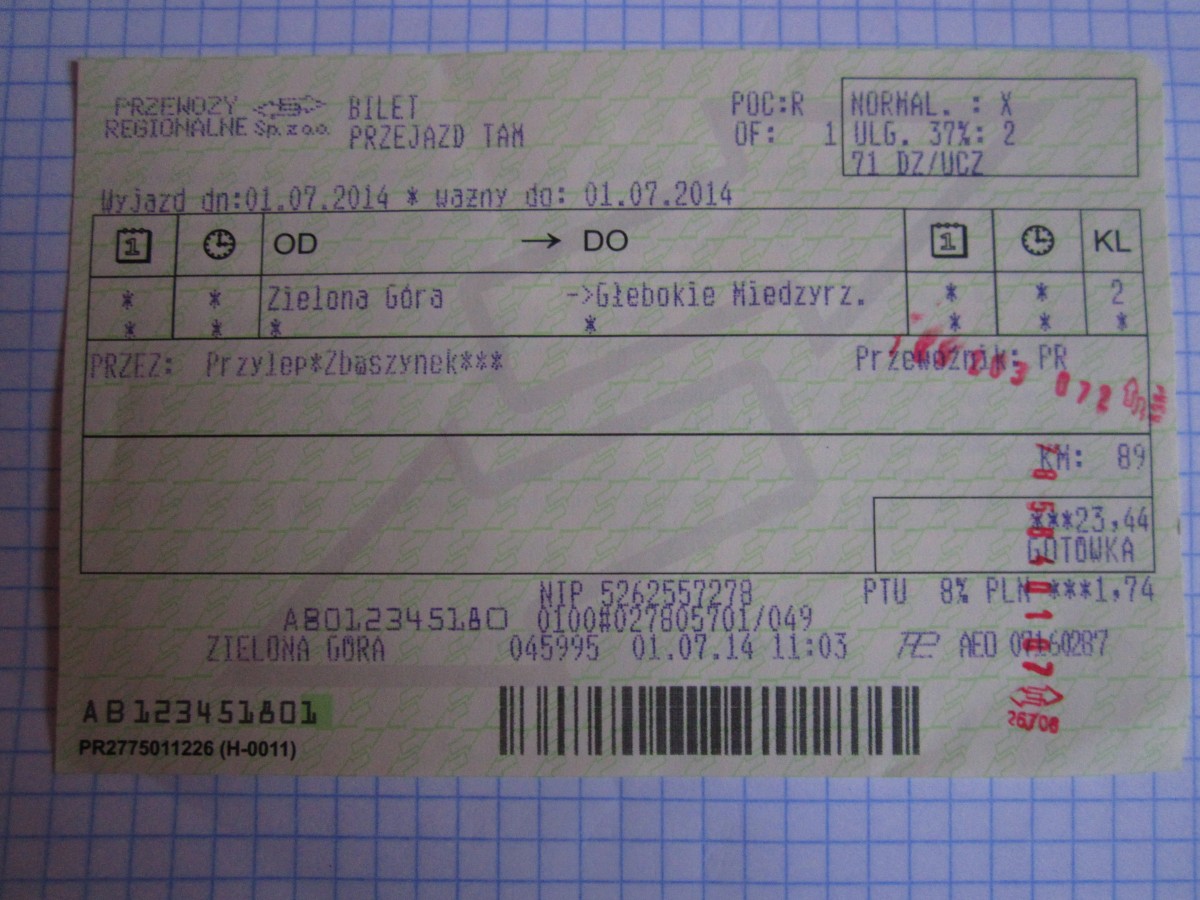Schulfahrkarte für 2 Personen von Zielona Gora nach Glebokie Miedzyrzeckie, 01.07.2014