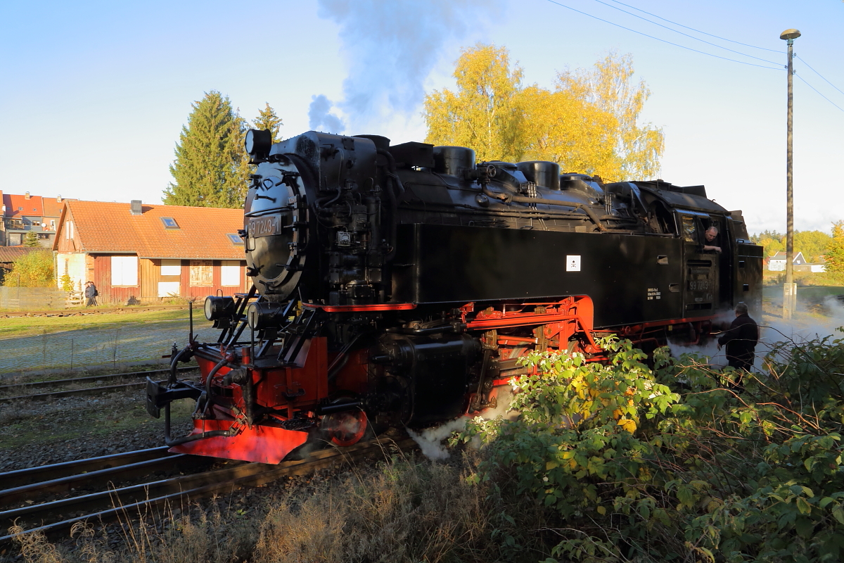 Schuß durch die Brombeerranken (leider waren die leckeren Früchtchen alle schon weggefuttert! ;-) ). Nachdem der IG HSB-Sonderzug ein Stück aus dem Bahnhof Hasselfelde herausgefahren ist, setz 99 7243 nun ans andere Ende ihres Planzuges um. An der Weiche steht der Zugführer des Sonderzuges bereit, um diese nach Passieren der Lok gleich wieder umzustellen und dem Sonderzug damit die Wiedereinfahrt zu ermöglichen. (Aufnahme vom 23.10.2016)