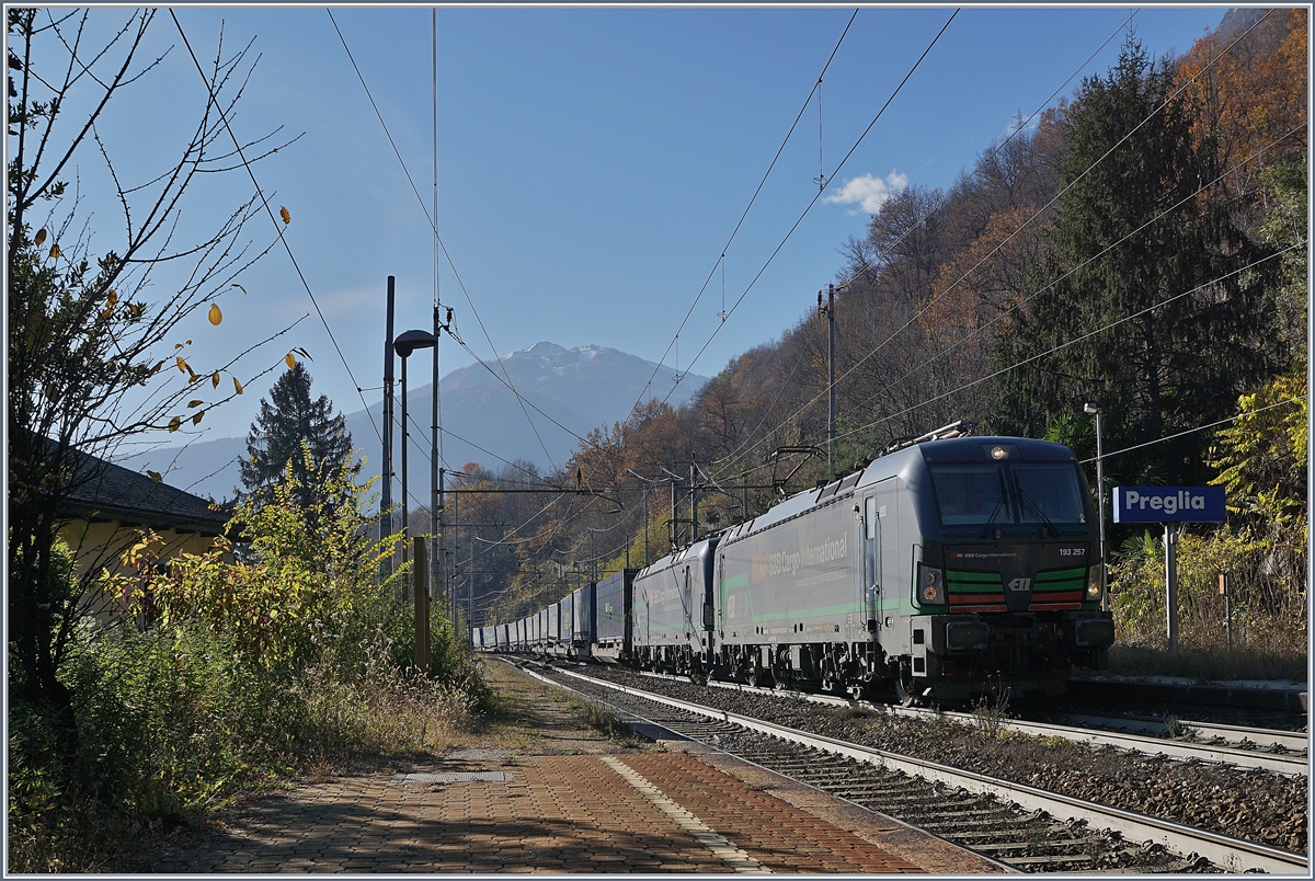 Schwarze Loks am Simplon: Sieben Minuten nach den beiden MRCE 189 kam ein weiterer  Walter  Zug, diesemal bespannt mit zwei an SBB Cargo International vermietete Vectron 193. An der Spitze führt die MRCE 193 257, gefolgt von der 193 256, gemeinsam ziehne sie langen den Zug in Preglia Richtung Norden.
21. Nov. 2017