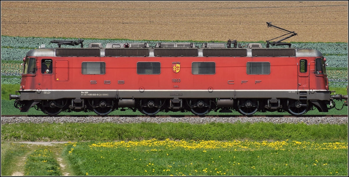 Schweizer Gäubahn. Re 6/6 11653  Gümligen  zieht einen Militärzug Richtung Oensingen. April 2019.