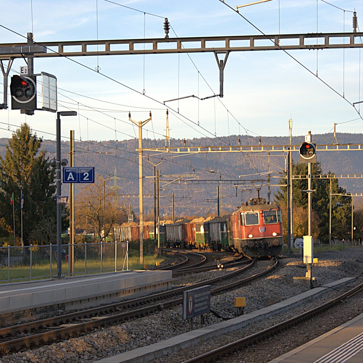 Schweizer Zucker AG, Zuckerfabrik Aarberg, Kampagne 2025: Re 4/4 II 11301 + Re 4/4 II 11146 + 18 Eaos/Eas, Zug 67155 Yverdon-Aarberg, Busswil, 4. November 2025.