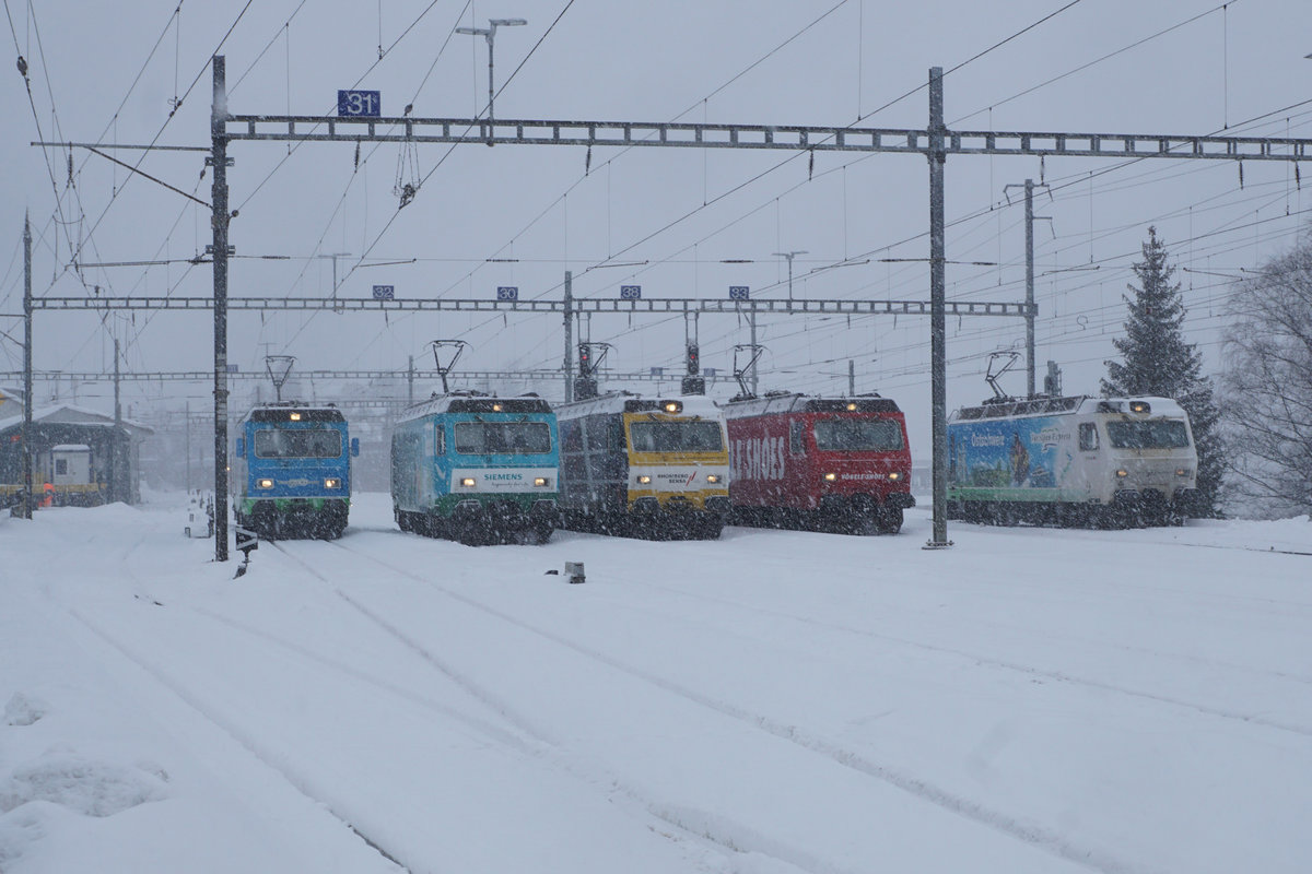 Schweizerische Südostbahn/SOB.
Re 456 Lokomotiven adieu!
Bei sehr starken Schneefällen und grosser Kälte verabschiedete sie die SOB mit verschiedenen Aufstellungen sowie einer Abschiedsfahrt Herisau-Degersheim von den Re 456 091 - Re 456 096. Diese sehr schönen und robusten Lokomotiven wurden in den Jahren 1987 bis 1988 in Betrieb genommen für die Führung vom Voralpen Express. Zwei Re 456 werden von der Oensingen-Balsthal-Bahn/OeBB übernommen wo sie im Güterverkehr eingesetzt werden. Zwei Re 456 ergänzen den Fuhrpark der Sihltal-Zürich-Uetliberg-Bahn/SZU. Noch unbekannt ist die Zukunft der restlichen Lokomotiven.
Die sämtlichen bereits historischen Abschiedsaufnahmen sind am 27. Januar 2021 in Herisau entstanden.
Foto: Walter Ruetsch  
  
