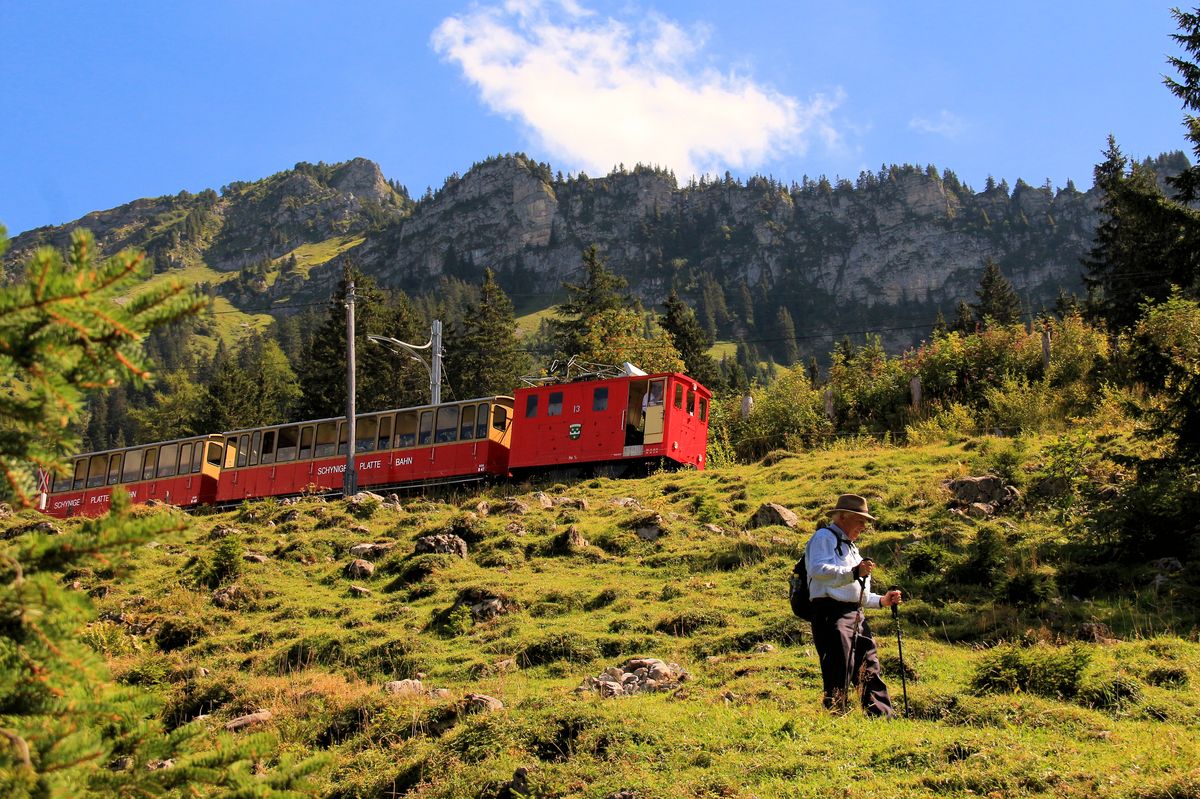 Schynige Platte Bahn: Zug und Mensch im Abstieg. Lok 13 mit den Wagen 47 und 48 unterhalb Breitlauenen. 3.September 2016. 
