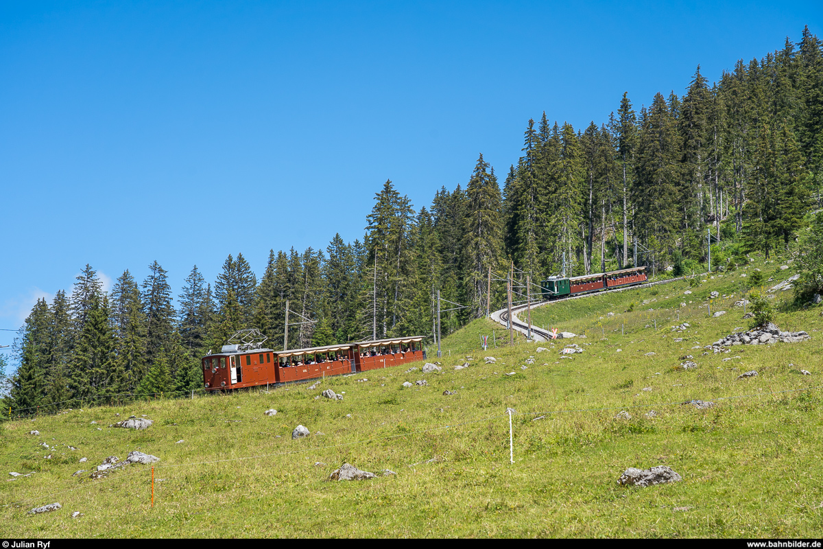 Schynige-Platte-Bahn zwischen Schynige Platte und Breitlauenen am 12. Juli 2020. He 2/2 14 und He 2/2 12 auf Talfahrt.