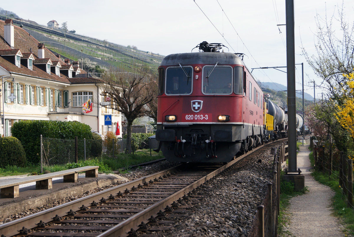 SEELINIE IM SEELAND.
Impressionen der einspurigen Strecke bei Ligerz vom 31. März 2017.
Re 620 013-3  RAPPERSWIL  mit Kesselwagenzug in Richchtung Cornaux unterwegs.
Foto: Walter Ruetsch

