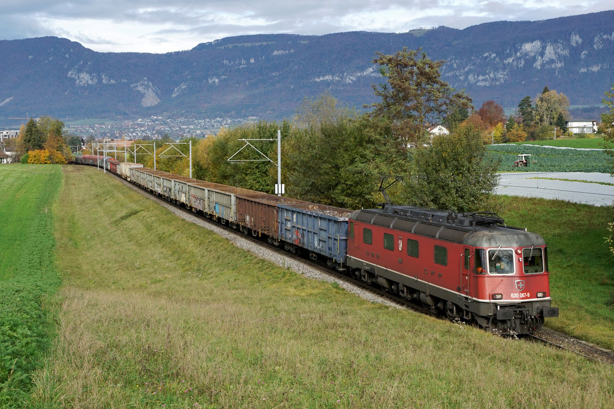 Sehr langer Schrottzug nach Gerlafingen mit der Re 620 067-9  Bodio  bei Biberist am 2. November 2020.
Foto: Walter Ruetsch 