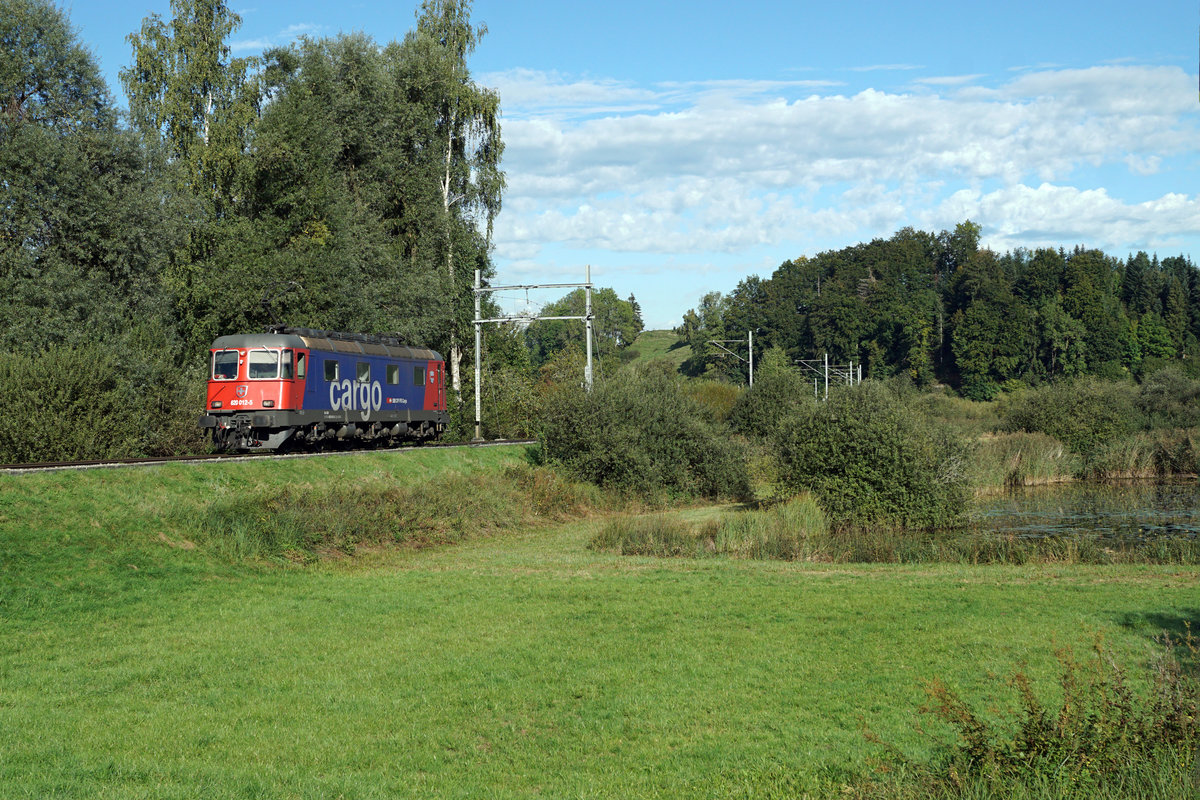 Sehr seltener Güterverkehr durchs Entlebuch.
Zwischen dem 23. September und dem 11. Oktober 2019 verkehrten planmässig Güterzüge durchs Entlebuch. Infolge Sanierungsarbeiten an der Strecke Langenthal - Huttwil wurden die Güterzüge nach Gettnau und Menznau über Burgdorf - Langnau umgeleitet. Bei starkem Güteraufkommen gelangte am frühen Morgen leider noch bei Dunkelheit eine Re 10/10 zum Einsatz. Am 1. Oktober und am 11. Oktober 2019 wurden diese Güterzüge mit der Re 620 012-5  Regensdorf  geführt.
Beim Naturschutzgebiet zwischen Menznau und Wolhusen.
Foto: Walter Ruetsch