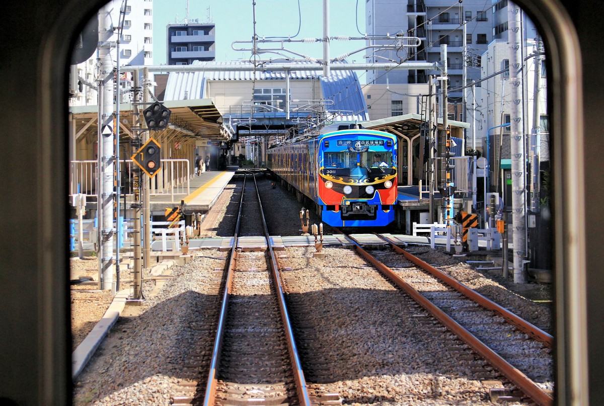 Seibu-Konzern: Die Innenstadt von Tokyo mit dem grossen Umsteigebahnhof Ikebukuro ist fast erreicht, da begegnet der lustig bemalte Achtwagenzug 3011 unterwegs zum Seibu-Baseballstadion. Shiinamachi, 14.Oktober 2014.  