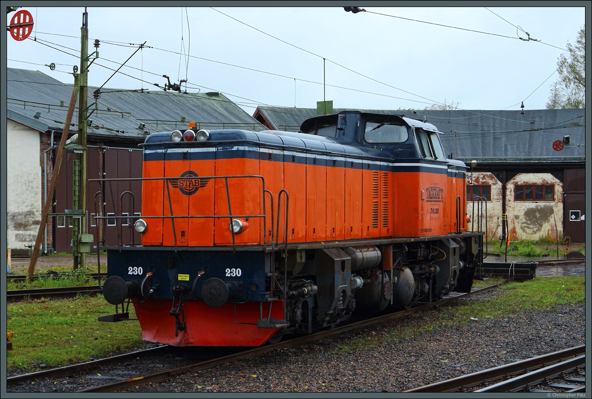 Seit 1962 ist die T43 230 der Svensk Tågkraft AB im Einsatz, zeitweise war sie auch Teil der strategischen Reserve. Am 01.10.2021 steht sie vor dem Lokschuppen des Bahnhofs Kil. <br><a href= https://www.svenska-lok.se/motor_solo.php?s=373&lokid=2842 >(Quelle und weitere Infos)</a>