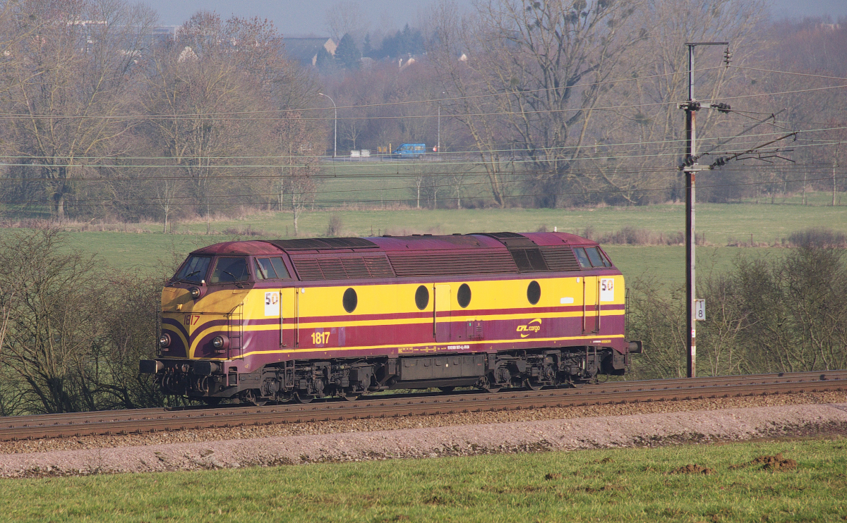 Seit 50 Jahren im Einsatz...sind die Diesel-elektrischen Lokomotiven der Baureihe 1800 der CFL.
Von den 20 ausgelieferten Maschinen sind nur noch wenige im Einsatz.
Sie gehören zu CFL Cargo und befördern Übergabegüterzüge zwischen dem Verschiebebahnhof Bettembourg und dem Stahlwerk von ArcelorMittal in Belval.

Die Loks wurden zwischen 1963 und 1964 ausgeliefert und leisten 1435 Kw.
Die belgische Staatsbahn (SNCB) bekam 42 baugleiche Loks.

Bahnstrecke (Ligne) 6a Bettembourg - Esch sur Alzette bei Noertzange.
31.01.2014