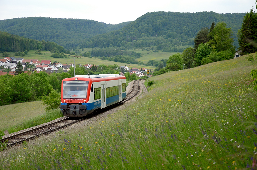 Seit Anfang 2013 weilen zwei Regioshuttle der PEG bei der HzL. Hier ist VT 650.01 am 12. Juni 2013 bei Hausen unterwegs nach Burladingen.