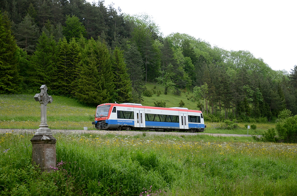 Seit Anfang 2013 weilen zwei Regioshuttle der PEG bei der HzL. Hier ist VT 650.01 am 12. Juni 2013 bei Hausen unterwegs nach Hechingen.