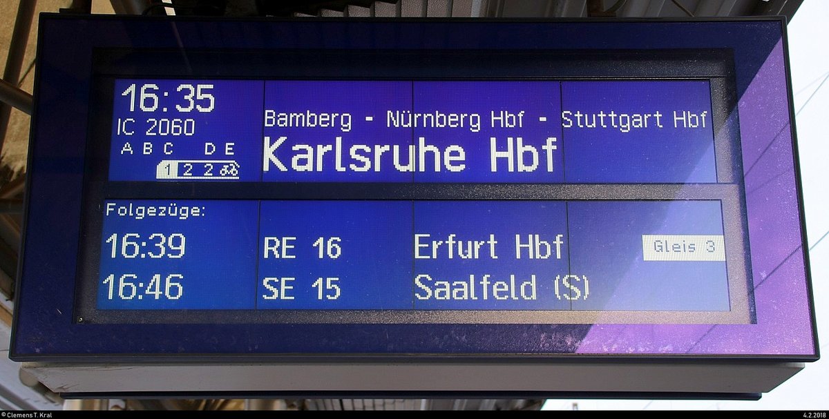 Seit dem 10.12.2017 ist u.a. Naumburg(Saale)Hbf vom Fernverkehr fast abgekoppelt, weil die VDE 8 Berlin–München vollständig in Betrieb ging.
Es gibt nur noch ein paar IC-Leistungen, wie der hier angekündigte IC 2060  Saaletal  (Linie 61) von Leipzig Hbf nach Karlsruhe über Jena Paradies und Stuttgart Hbf. [4.2.2018 | 15:43 Uhr]