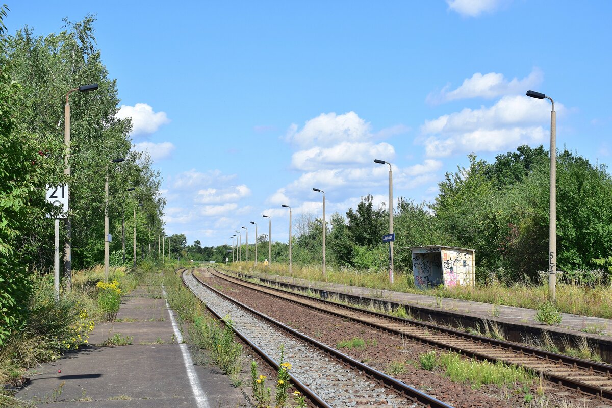 Seit Ende 2017 wird der Haltepunkt Knautnaundorf nicht mehr bedient und verwildert zusehens. Er befindet sich etwas abseits vom Dorf am Rande eines Gewerbegebietes. Noch heute ist der Haltepunkt am Hausbahnsteig offen und frei begehbar. Lediglich der Treppenüberweg ist abgesperrt.

Knautnaundorf 10.08.2021