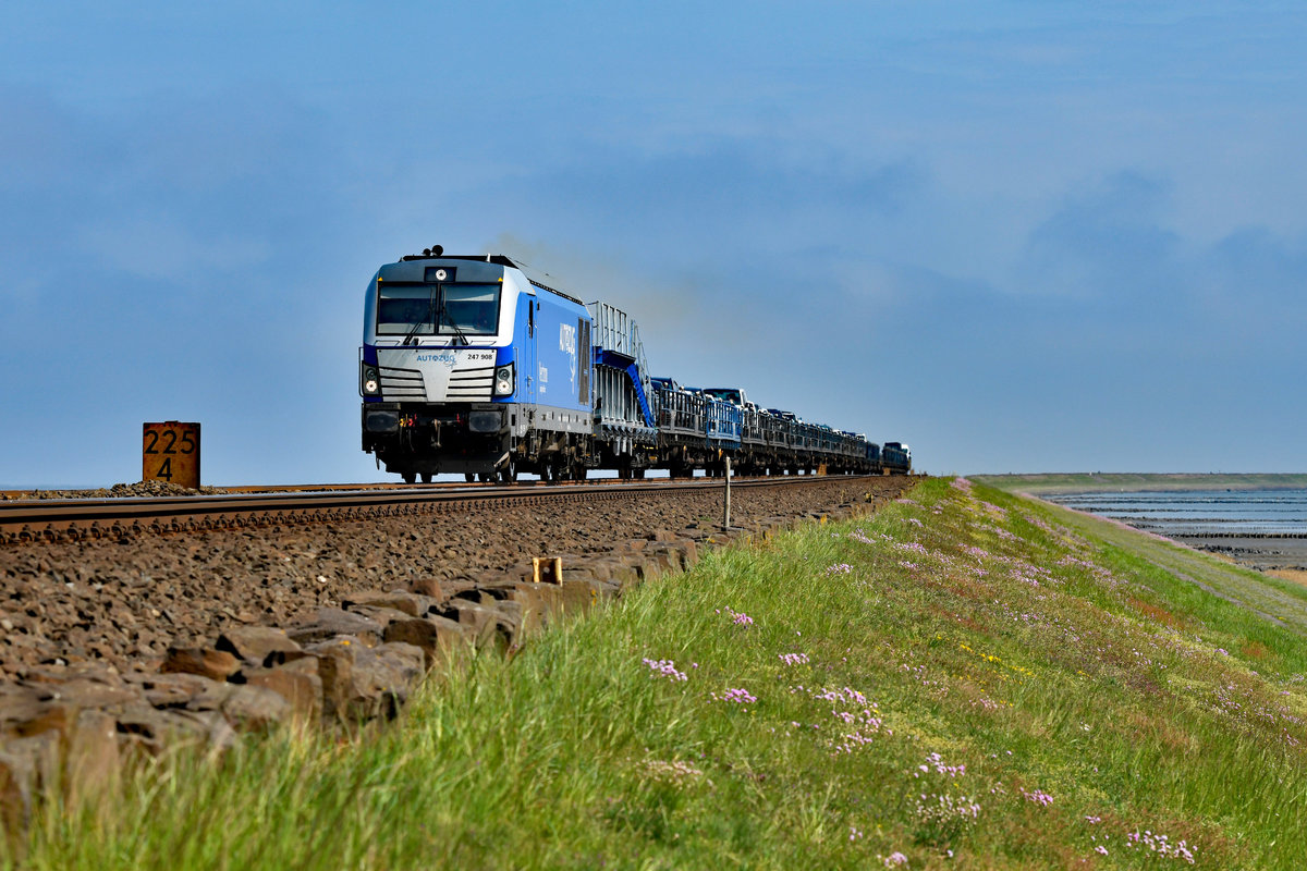 Seit Herbst 2016 gibt es nun neben der DB noch einen weiteren Anbieter, den man nutzen kann, um mit seinem Fahrzeug vom Festland auf die Insel Sylt zu gelangen. Der blaue AUTOZUG Sylt von RDC Deutschland pendelt mit einstöckigen Wagen mehrmals täglich zwischen Niebüll und Westerland. Als Zugloks fungieren zwei Diesel-Vectrons. Am 30. April 2019 konnte ich am Hindenburgdamm bei Morsum die 247 908 mit dem mittäglichen Autozug auf die Insel aufnehmen. 