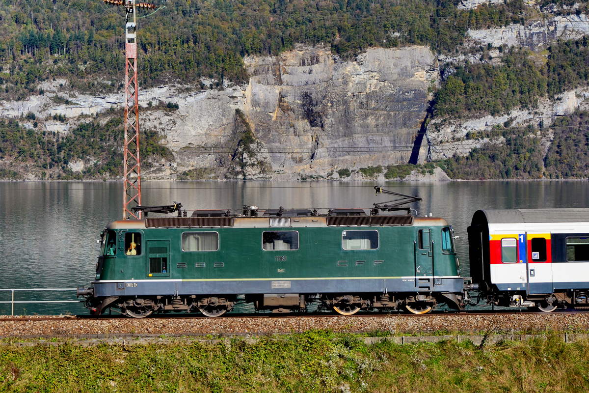 Seitenansicht der grünen Re 4/4 II 11161 SBB Reiseverkehr bei der Vorüberfahrt mit einem IC Chur-Zürich HB am Walensee.Bild Juli 2015