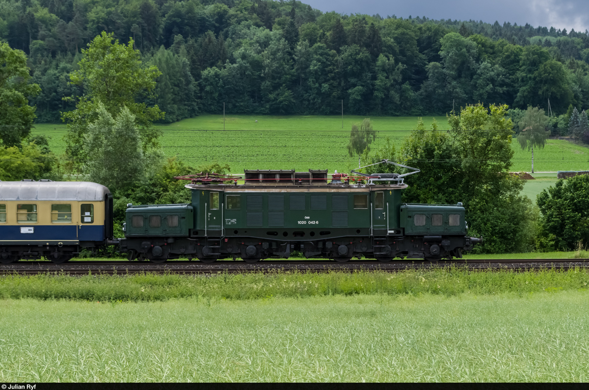 Seitenaufnahme der 1020 042, die am 20. Juni 2015 den  Nostalgie-Rheingold  von Bregenz nach Zürich und zurück befördern durfte.