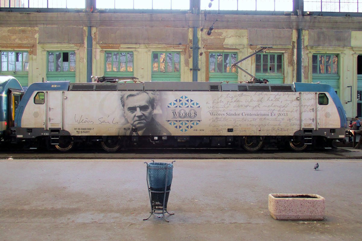 Seitenblick auf eine der manche Werbe-Traxxen von MAV: am 8 September 2018 steht 480 022 in Budapest-Nyugati.