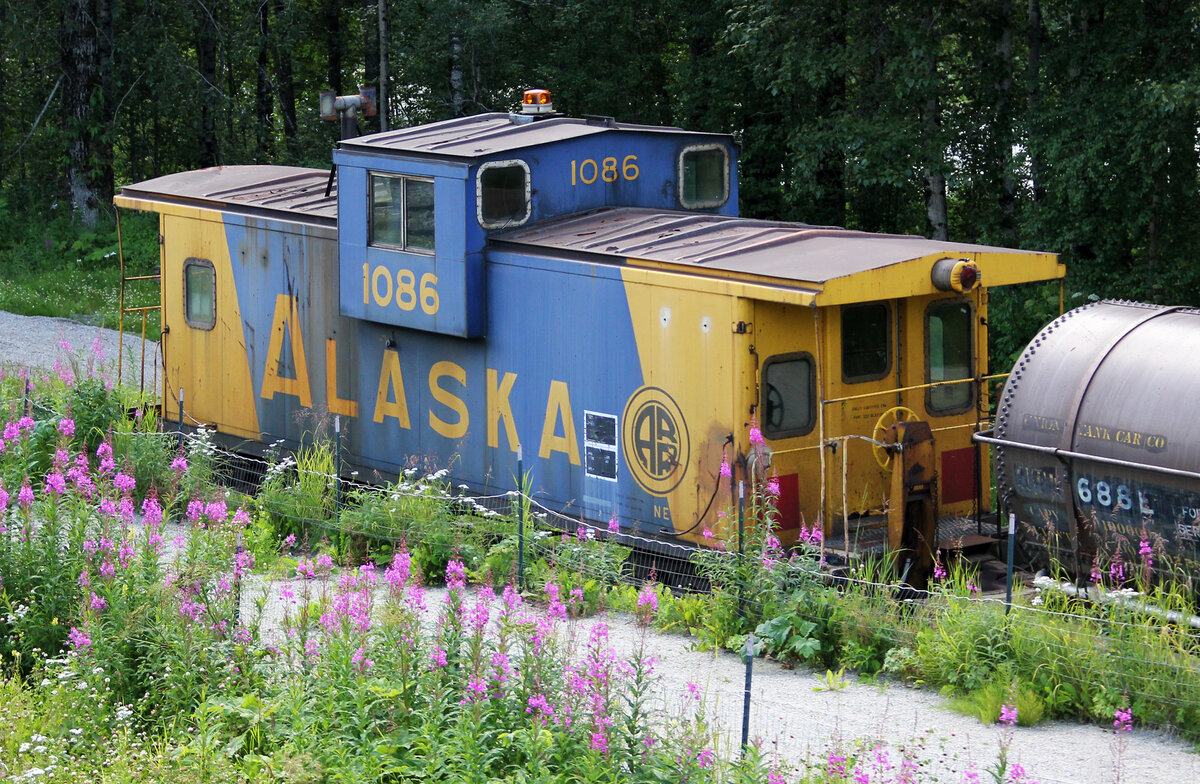 Seltener ARR-Caboose im Wald abgestellt, aus dem fahrenden 'Denali Star' gesehen. Denali - Anchorage, 31.7.2012
