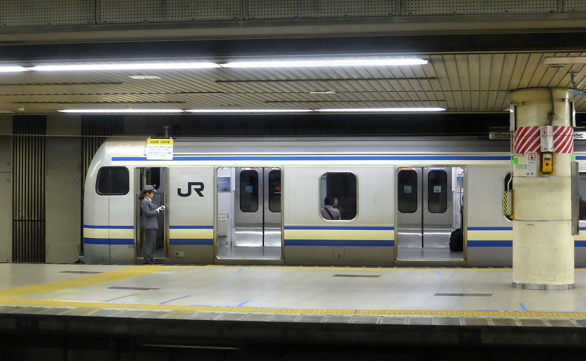 Serie 217 Eilzüge: Im Tokyo Hauptbahnhof (Tiefbahnhof) wartet Zug Nr. 50 (Endwagen KUHA 217-50) auf die Weiterfahrt. Die Schaffnerin kontrolliert abwechselnd den Fahrgastfluss und ihre Uhr. Die eindeutige Position des Personals ist eine grosse Hilfe für die Fahrgäste, auch wenn sie bei einem 15-Wagenzug weit nach hinten gehen müssen. 30.Oktober 2013. 