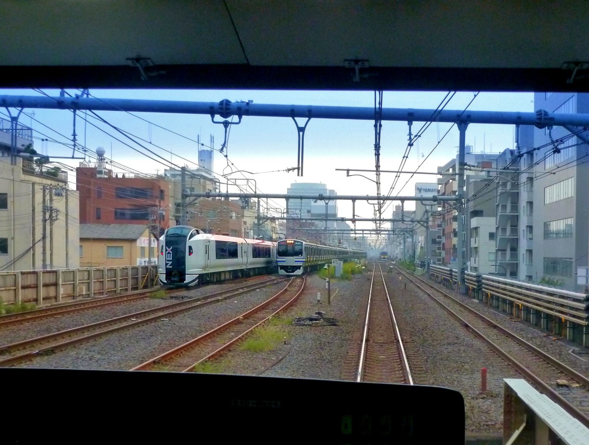 Serie 217: Unterwegs nach Chiba und dem Internationalen Flughafen Tokyo-Narita sind zu sehen: Links der Expresszug Serie 259, in der Mitte der Eilzug Serie 217, und rechts hinten der Zug mit Halt an allen Stationen. Tokyo-Rygoku, 13.Oktober 2011.  