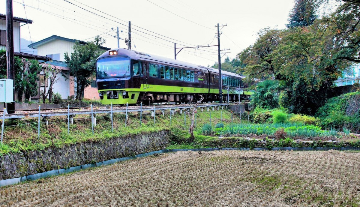 Serie 485 (JR),  Joyful Train : Mehrere ältere Triebwagenzüge Serie 481/485 erhielten ganz neue Aufbauten für den Ausflugsverkehr mit einem ansprechendem bequemen Innendesign. Als Zweistromzüge (Wechselstrom und Gleichstrom) können sie in ganz Japan verkehren. Im Bild kommt der Zug  Resort Yamadori  (aufgebaut 2011) von einem Ausflug an den Fuss des Fuji-Berges zurück und befindet sich noch auf den Geleisen der Fuji Kyûkô-Privatbahn. Mitsutôge, 11.Oktober 2014.  yamadori  (eine Fasanenart) ist der Symbolvogel der Präfektur Gumma.  