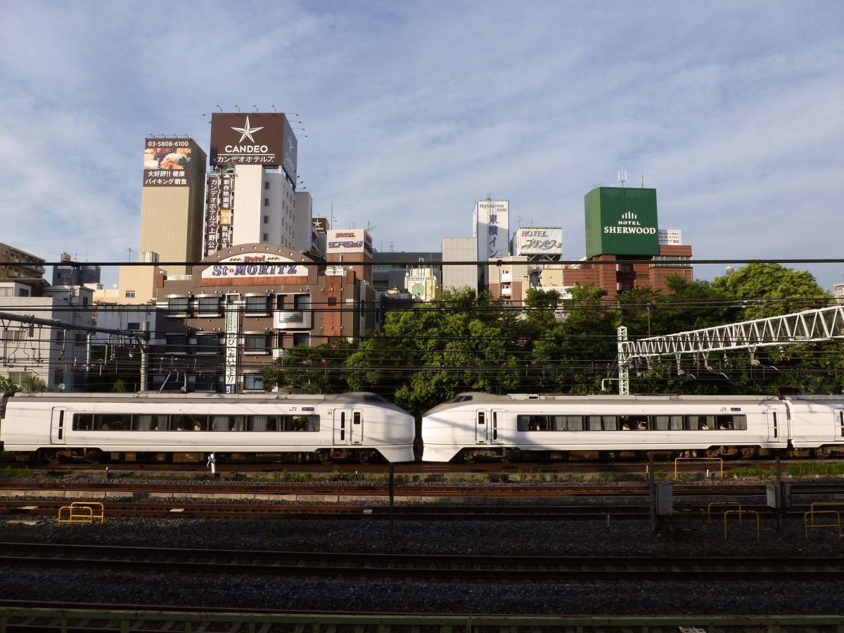 Serie 651: Die beiden  inneren  Steuerwagen des Zuges Nr.7 - links der Vierwagenteil (mit Steuerwagen KUHA 650-14), rechts der Siebenwagenteil (mit Steuerwagen KUHA 651-7). Tokyo-Uguisudani, 24.Juni 2011. 