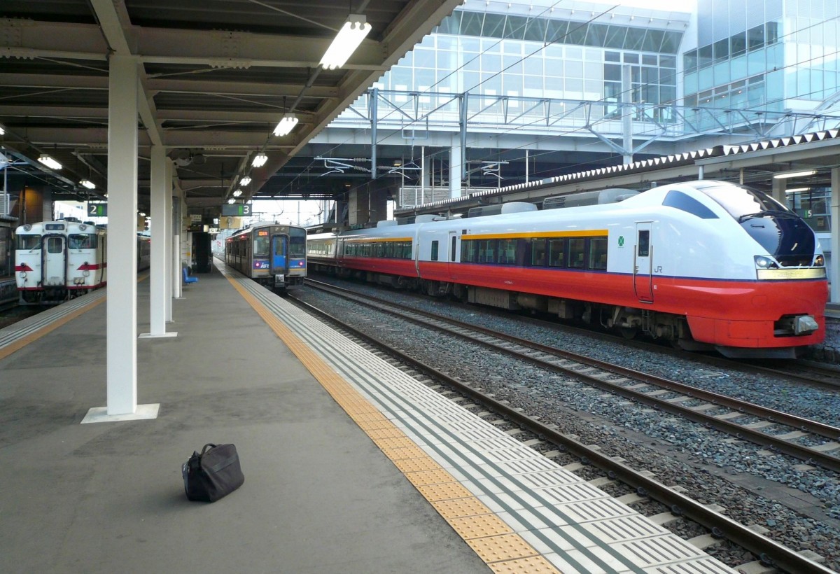 Serie 751: Im Bahnhof Hachinohe stellt Zug Nr. 3 den Anschluss zum Shinkansen für die Weiterfahrt nach Norden. Im Bild rechts der Steuerwagen KUROHA 750-3 mit einem Luxusabteil, unterhalb des Shinkansen-Bahnhofs; in der Mitte ein Zug der in regionale Verantwortung (als Iwate Ginga-Bahn) übergegangenen alten Nordost-Hauptstrecke; links ein Diesel-Regionalzug an die Nordostküste hinaus. 8.Juli 2010. 