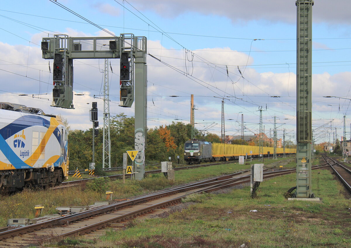 SETG 193 218 mit einem leerern Holztransportzug Richtung Halle (S), am 19.10.2026 in Magdeburg-Neustadt.