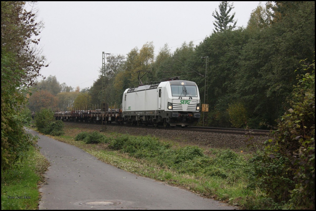 SETG Vectron 193814 war am 29.10.2015 im Ortsbereich Osnabrück - Hellern mit einem Stahlzug aus Georgsmarienhütte auf der Rollbahn in Richtung Osnabrück unterwegs.