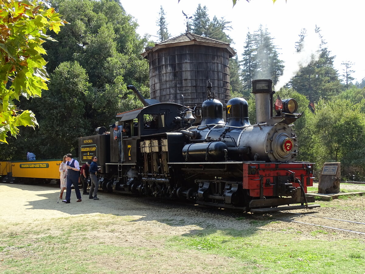 Shay #7 Sonora, eine Class C, gebaut von den Lima Locomotive Works 1911 im Einsatz bei der Roaring Camp und Big Trees Narrow Gauge Railroad am 13.9.2017